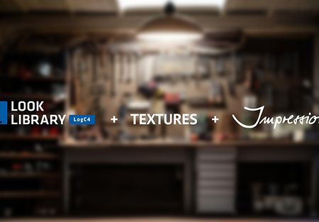 Logos of Look Library, Textures and Impression filters in front of a blurred workbench