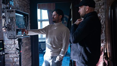 DP Pierluigi Gigi Malavasi AIC (left) with gaffer Simon Tanner (right) on set during the production of “Eternal Return”