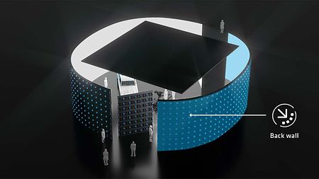 Graphic of ARRI's virtual production stage in the UK focusing on one of the stage's centerpieces, the 360 degree LED back wall. 