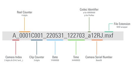 Infographic describing the parts of the clip name of an ALEXA 35 original camera negative