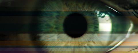 Collage of an eye consisting of color variations of the same image