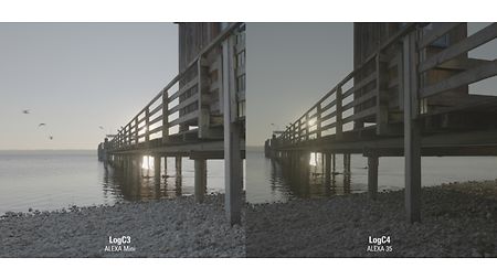 Side-by-side-image of a landing stage shot with ALEXA Mini LF on the left/ALEXA 35 in the right
