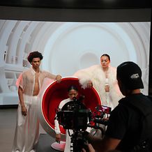 Behind-the-scenes shot of Travis Taddeo fashion shoot at ARRI Studio NY, featuring models, lighting equipment, and studio setup