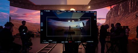 Behind the scenes shot of a movie scene filmed on ARRI's virtual production stage using the full toolkit and software.