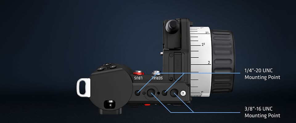 Handheld camera control unit ARRI Hi-5 illustration of the NATO rail along with the multiple mounting points in focus.