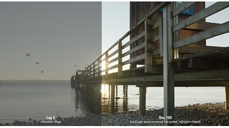 Split-image of a landing stage converted to Rec 709 on the right/still Log C on the left